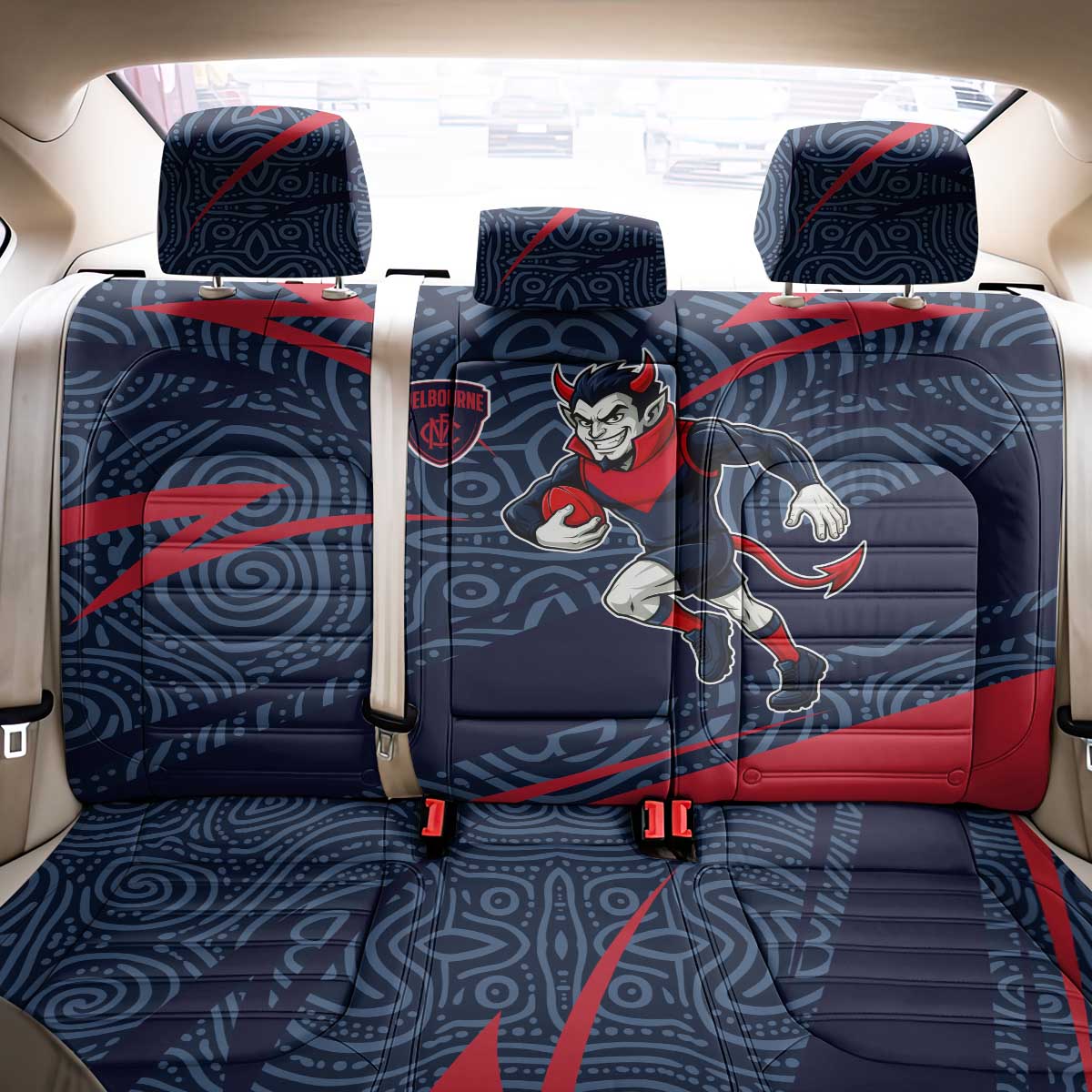 Melbourne Demons Australian Football Back Car Seat Cover Devil Mascot With Indigenous Pattern Art