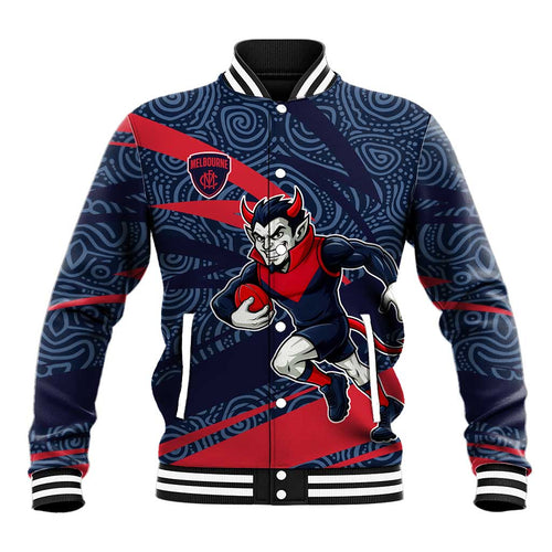 Melbourne Demons Australian Football Baseball Jacket Devil Mascot With Indigenous Pattern Art