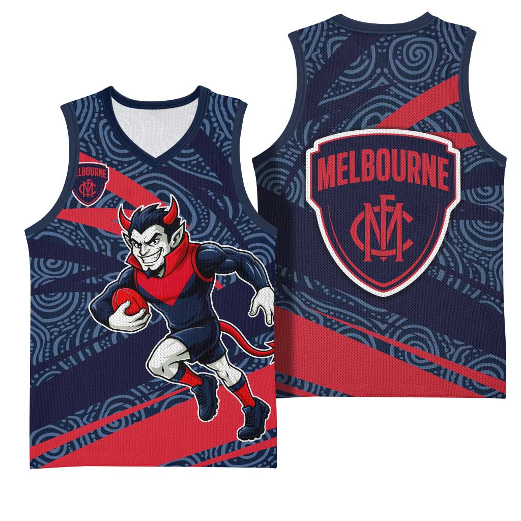 Melbourne Demons Australian Football Basketball Jersey Devil Mascot With Indigenous Pattern Art