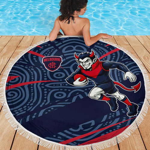 Melbourne Demons Australian Football Beach Blanket Devil Mascot With Indigenous Pattern Art
