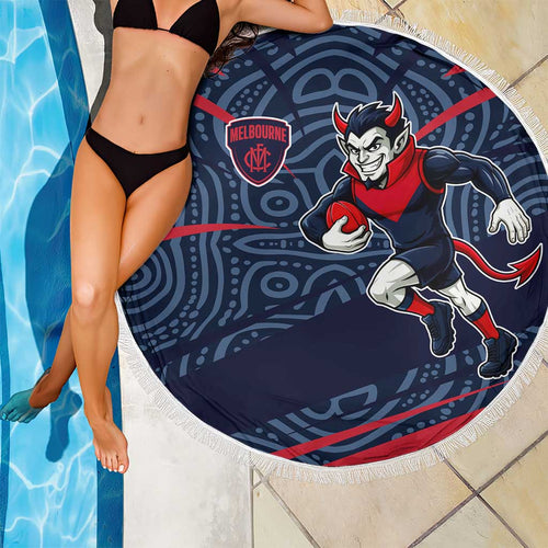 Melbourne Demons Australian Football Beach Blanket Devil Mascot With Indigenous Pattern Art