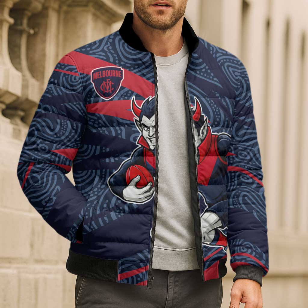 Melbourne Demons Australian Football Bomber Puffer Jacket Devil Mascot With Indigenous Pattern Art