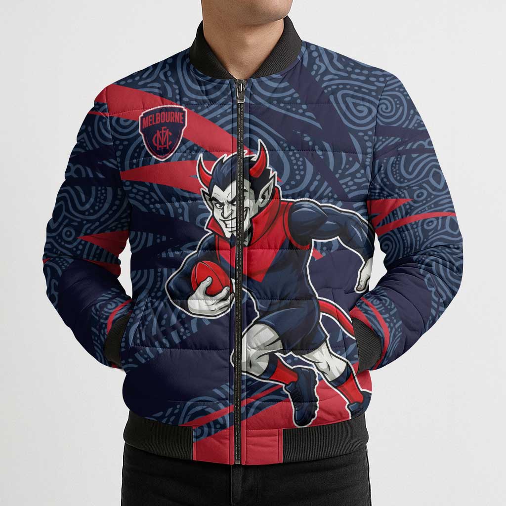 Melbourne Demons Australian Football Bomber Puffer Jacket Devil Mascot With Indigenous Pattern Art