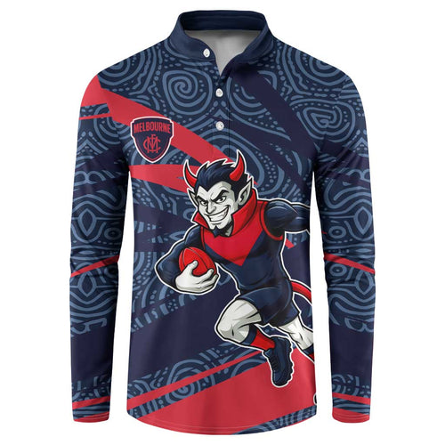 Melbourne Demons Australian Football Button Sweatshirt Devil Mascot With Indigenous Pattern Art