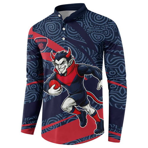 Melbourne Demons Australian Football Button Sweatshirt Devil Mascot With Indigenous Pattern Art