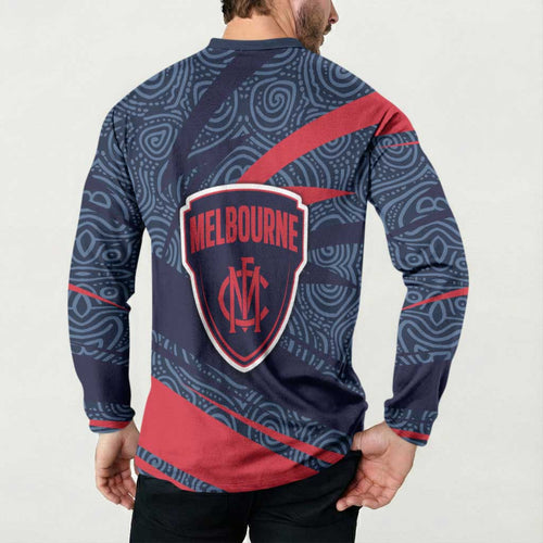 Melbourne Demons Australian Football Button Sweatshirt Devil Mascot With Indigenous Pattern Art