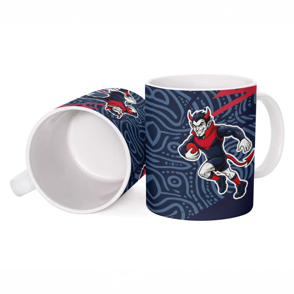 Melbourne Demons Australian Football Ceramic Mug Devil Mascot With Indigenous Pattern Art