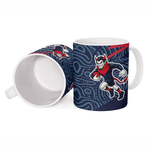 Melbourne Demons Australian Football Ceramic Mug Devil Mascot With Indigenous Pattern Art