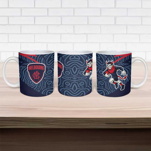 Melbourne Demons Australian Football Ceramic Mug Devil Mascot With Indigenous Pattern Art