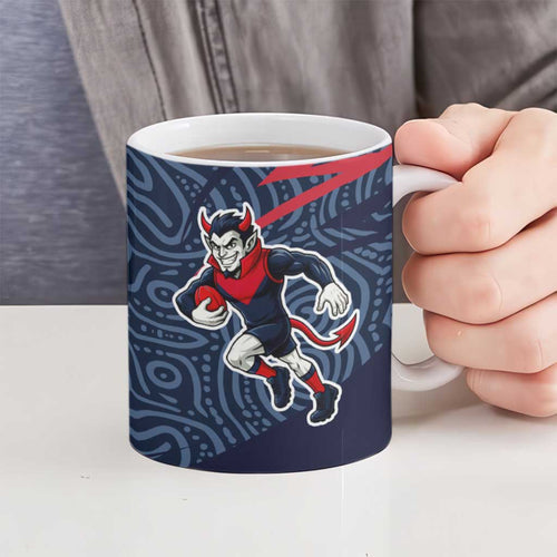 Melbourne Demons Australian Football Ceramic Mug Devil Mascot With Indigenous Pattern Art