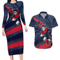 Melbourne Demons Australian Football Couples Matching Long Sleeve Bodycon Dress and Hawaiian Shirt Devil Mascot With Indigenous Pattern Art
