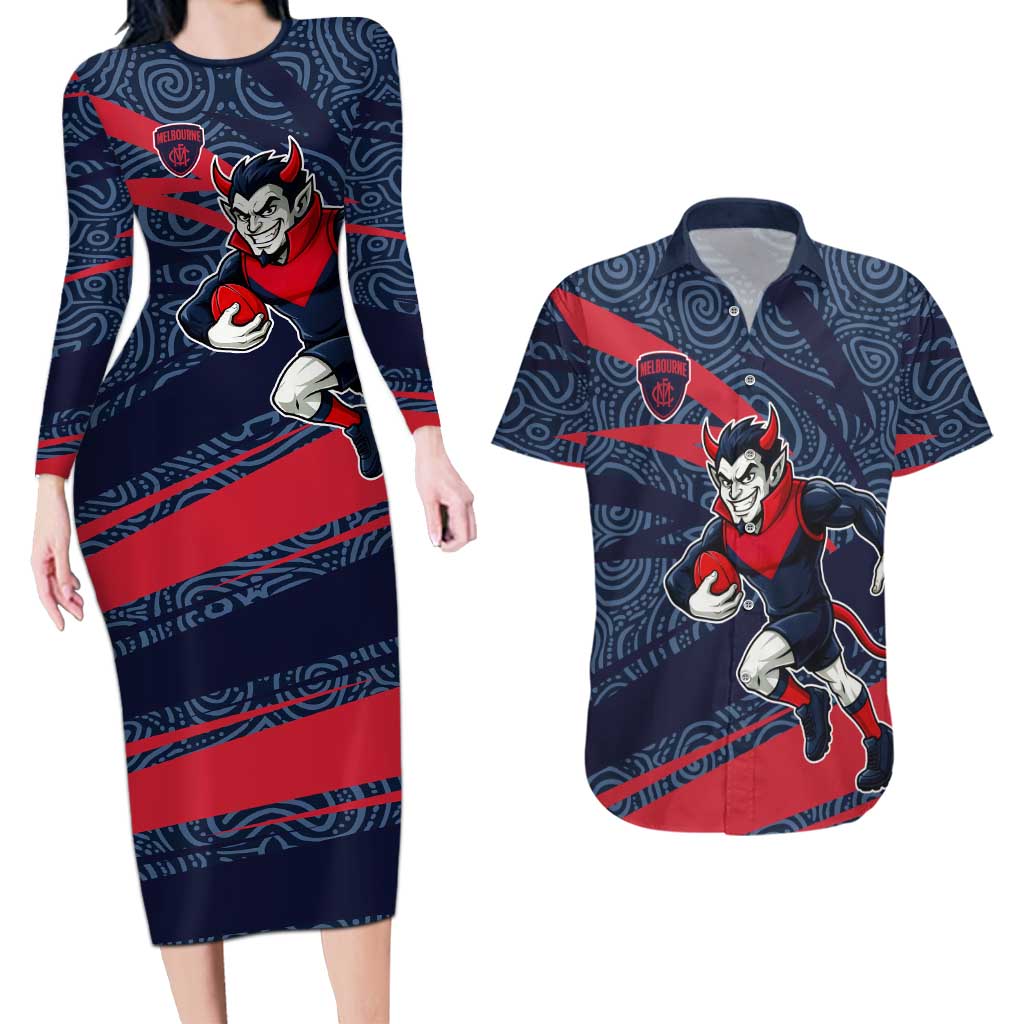Melbourne Demons Australian Football Couples Matching Long Sleeve Bodycon Dress and Hawaiian Shirt Devil Mascot With Indigenous Pattern Art