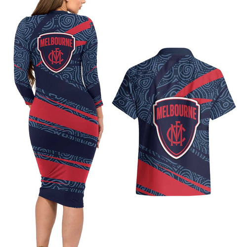 Melbourne Demons Australian Football Couples Matching Long Sleeve Bodycon Dress and Hawaiian Shirt Devil Mascot With Indigenous Pattern Art