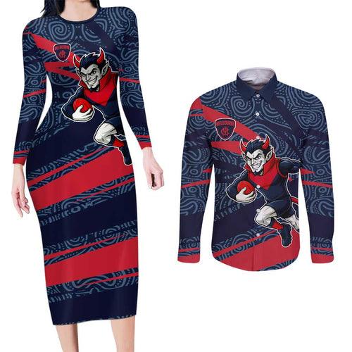Melbourne Demons Australian Football Couples Matching Long Sleeve Bodycon Dress and Long Sleeve Button Shirt Devil Mascot With Indigenous Pattern Art