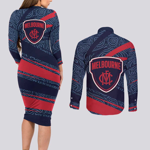 Melbourne Demons Australian Football Couples Matching Long Sleeve Bodycon Dress and Long Sleeve Button Shirt Devil Mascot With Indigenous Pattern Art