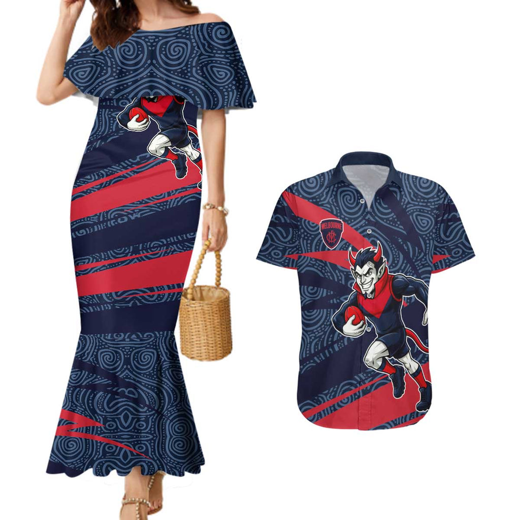 Melbourne Demons Australian Football Couples Matching Mermaid Dress and Hawaiian Shirt Devil Mascot With Indigenous Pattern Art
