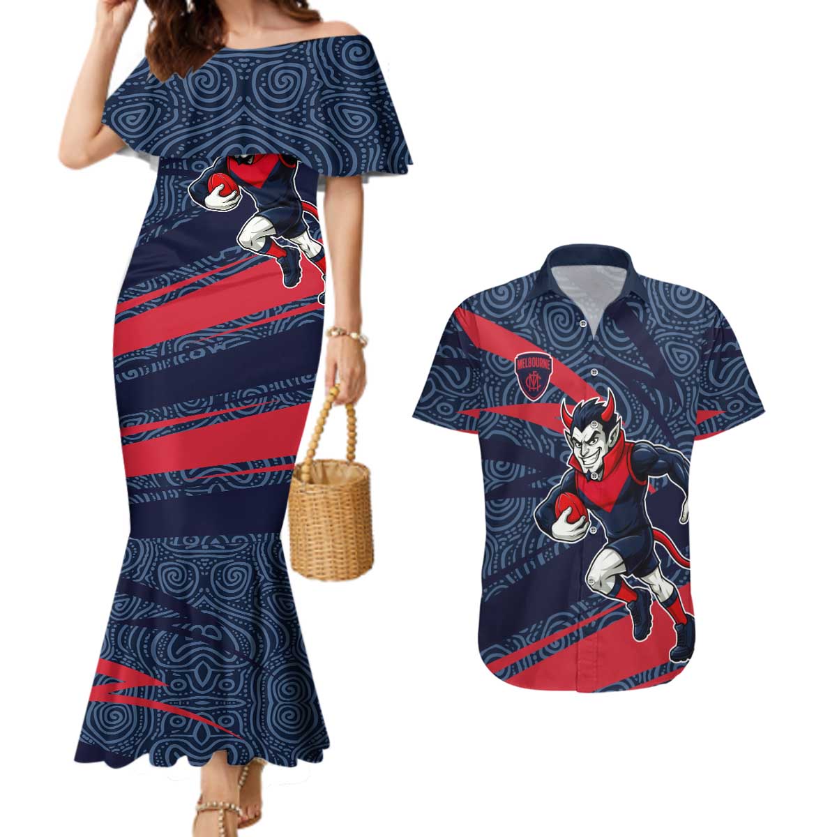 Melbourne Demons Australian Football Couples Matching Mermaid Dress and Hawaiian Shirt Devil Mascot With Indigenous Pattern Art