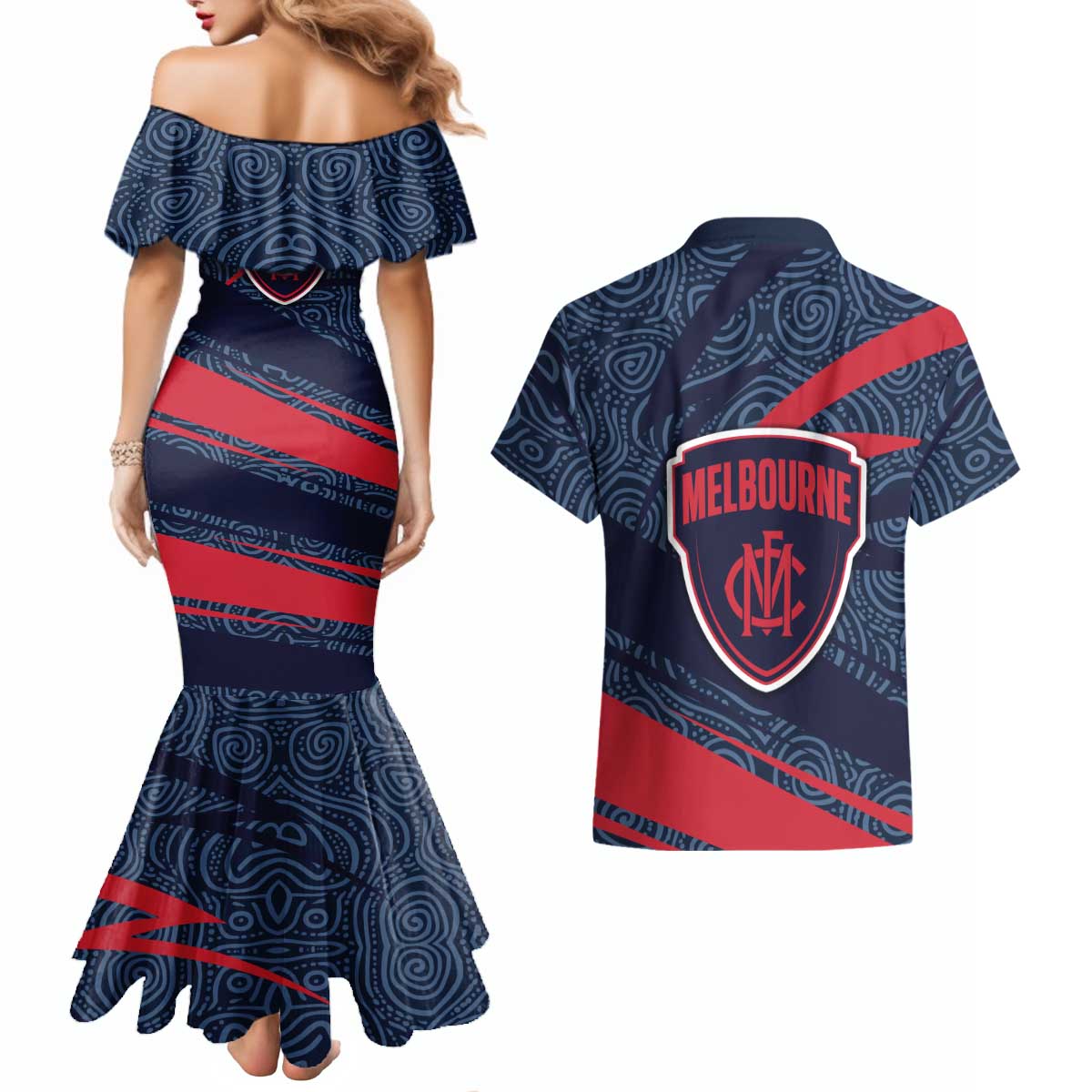 Melbourne Demons Australian Football Couples Matching Mermaid Dress and Hawaiian Shirt Devil Mascot With Indigenous Pattern Art