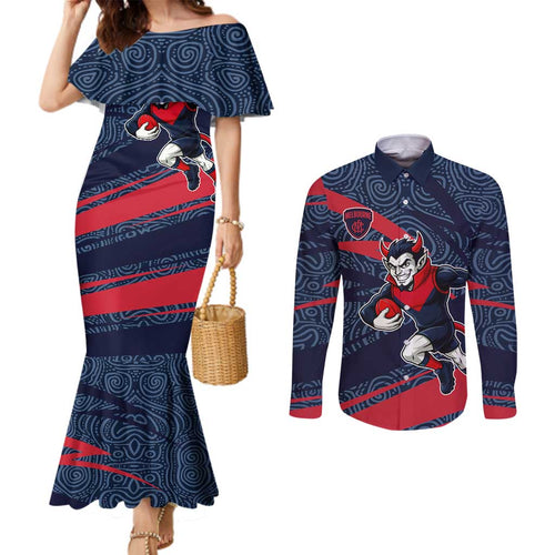Melbourne Demons Australian Football Couples Matching Mermaid Dress and Long Sleeve Button Shirt Devil Mascot With Indigenous Pattern Art