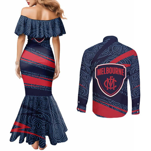 Melbourne Demons Australian Football Couples Matching Mermaid Dress and Long Sleeve Button Shirt Devil Mascot With Indigenous Pattern Art