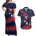 Melbourne Demons Australian Football Couples Matching Off Shoulder Maxi Dress and Hawaiian Shirt Devil Mascot With Indigenous Pattern Art