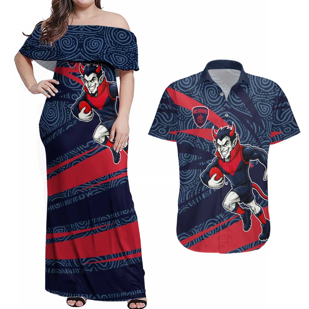 Melbourne Demons Australian Football Couples Matching Off Shoulder Maxi Dress and Hawaiian Shirt Devil Mascot With Indigenous Pattern Art
