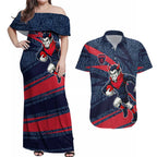 Melbourne Demons Australian Football Couples Matching Off Shoulder Maxi Dress and Hawaiian Shirt Devil Mascot With Indigenous Pattern Art