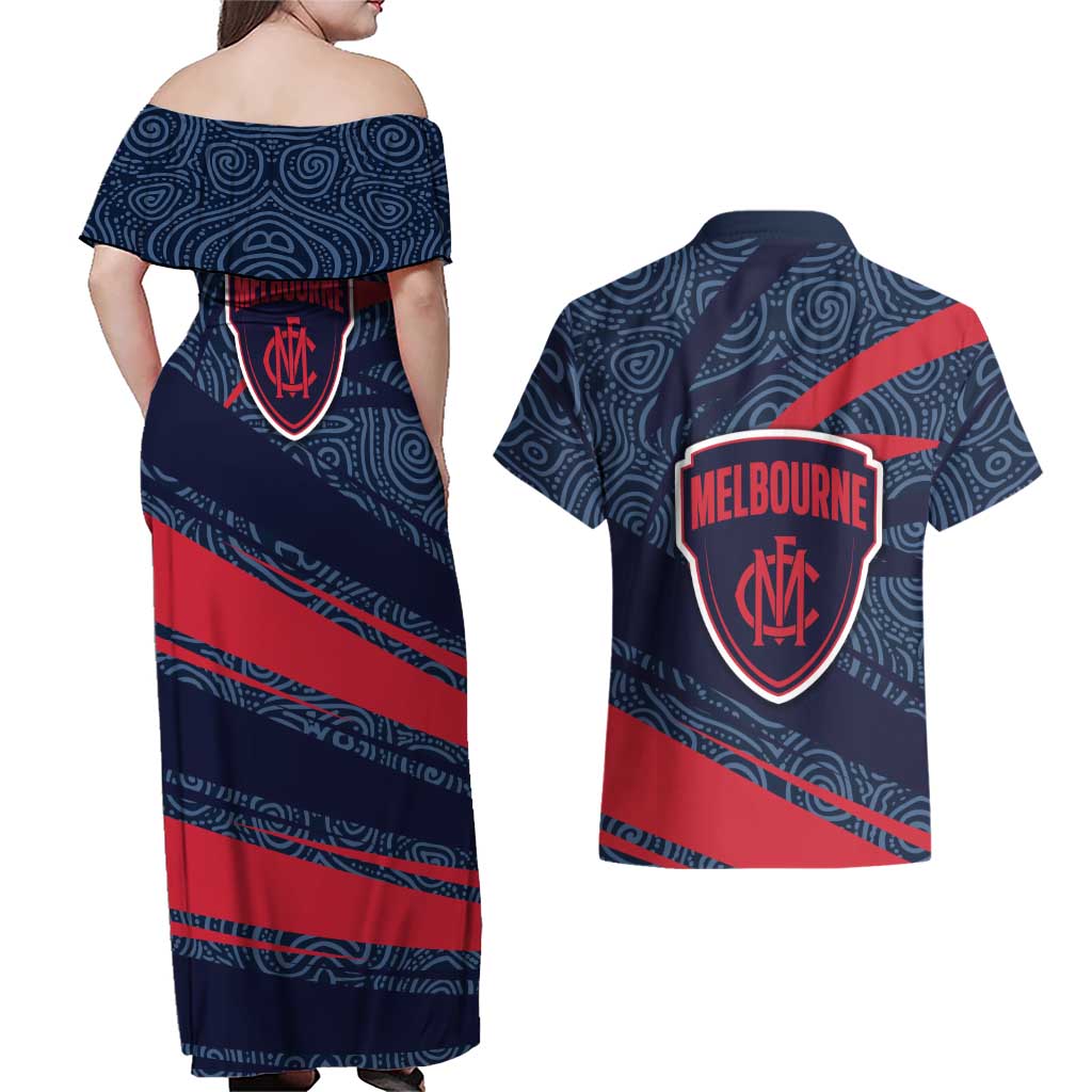 Melbourne Demons Australian Football Couples Matching Off Shoulder Maxi Dress and Hawaiian Shirt Devil Mascot With Indigenous Pattern Art