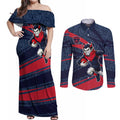 Melbourne Demons Australian Football Couples Matching Off Shoulder Maxi Dress and Long Sleeve Button Shirt Devil Mascot With Indigenous Pattern Art