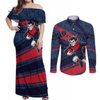 Melbourne Demons Australian Football Couples Matching Off Shoulder Maxi Dress and Long Sleeve Button Shirt Devil Mascot With Indigenous Pattern Art