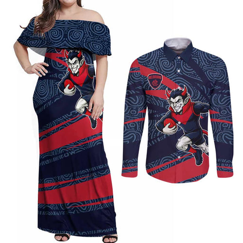 Melbourne Demons Australian Football Couples Matching Off Shoulder Maxi Dress and Long Sleeve Button Shirt Devil Mascot With Indigenous Pattern Art
