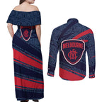 Melbourne Demons Australian Football Couples Matching Off Shoulder Maxi Dress and Long Sleeve Button Shirt Devil Mascot With Indigenous Pattern Art