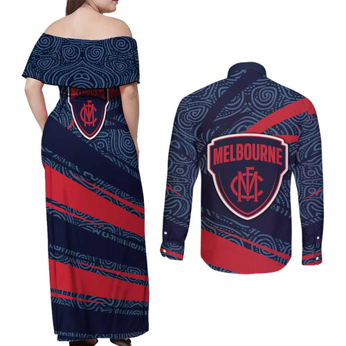 Melbourne Demons Australian Football Couples Matching Off Shoulder Maxi Dress and Long Sleeve Button Shirt Devil Mascot With Indigenous Pattern Art
