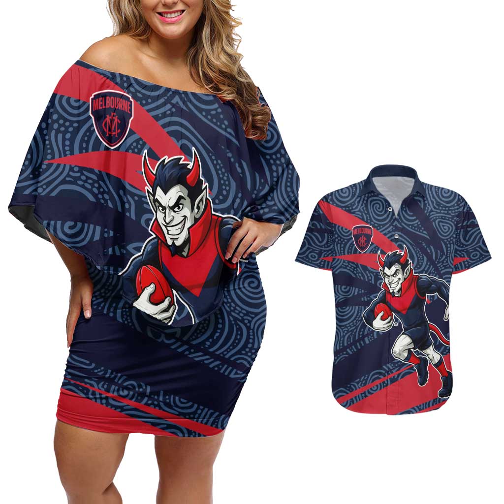 Melbourne Demons Australian Football Couples Matching Off Shoulder Short Dress and Hawaiian Shirt Devil Mascot With Indigenous Pattern Art
