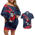 Melbourne Demons Australian Football Couples Matching Off Shoulder Short Dress and Hawaiian Shirt Devil Mascot With Indigenous Pattern Art