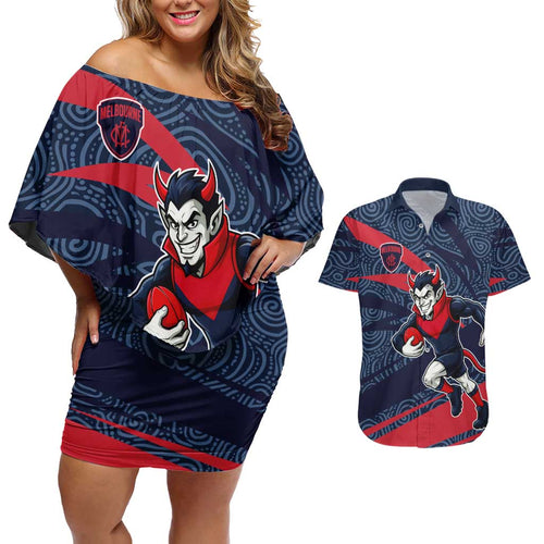 Melbourne Demons Australian Football Couples Matching Off Shoulder Short Dress and Hawaiian Shirt Devil Mascot With Indigenous Pattern Art