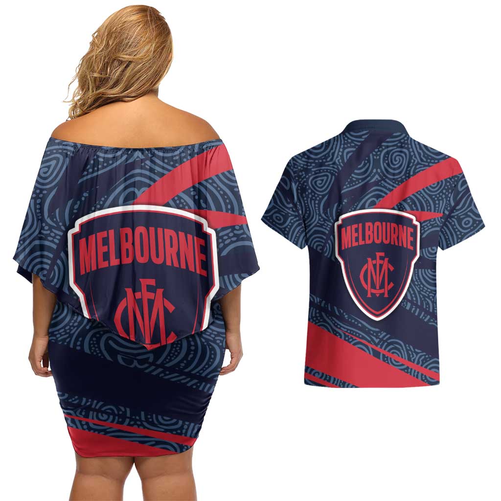 Melbourne Demons Australian Football Couples Matching Off Shoulder Short Dress and Hawaiian Shirt Devil Mascot With Indigenous Pattern Art