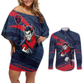 Melbourne Demons Australian Football Couples Matching Off Shoulder Short Dress and Long Sleeve Button Shirt Devil Mascot With Indigenous Pattern Art