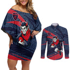 Melbourne Demons Australian Football Couples Matching Off Shoulder Short Dress and Long Sleeve Button Shirt Devil Mascot With Indigenous Pattern Art