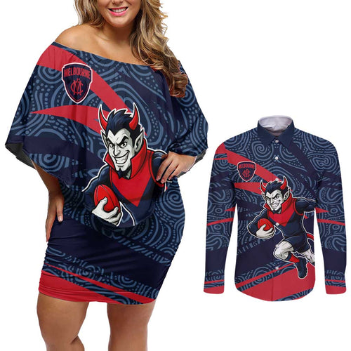 Melbourne Demons Australian Football Couples Matching Off Shoulder Short Dress and Long Sleeve Button Shirt Devil Mascot With Indigenous Pattern Art
