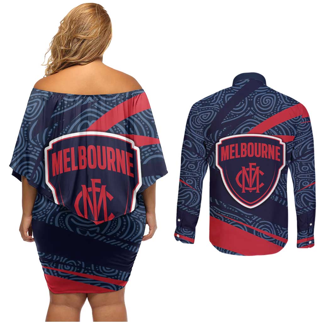 Melbourne Demons Australian Football Couples Matching Off Shoulder Short Dress and Long Sleeve Button Shirt Devil Mascot With Indigenous Pattern Art