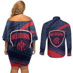 Melbourne Demons Australian Football Couples Matching Off Shoulder Short Dress and Long Sleeve Button Shirt Devil Mascot With Indigenous Pattern Art