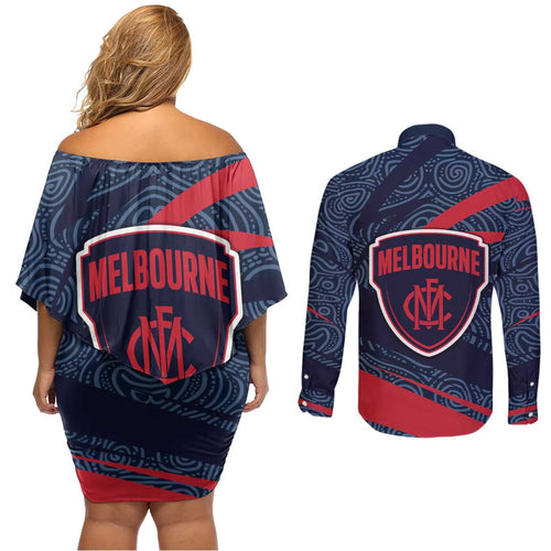 Melbourne Demons Australian Football Couples Matching Off Shoulder Short Dress and Long Sleeve Button Shirt Devil Mascot With Indigenous Pattern Art