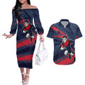 Melbourne Demons Australian Football Couples Matching Off The Shoulder Long Sleeve Dress and Hawaiian Shirt Devil Mascot With Indigenous Pattern Art
