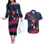Melbourne Demons Australian Football Couples Matching Off The Shoulder Long Sleeve Dress and Hawaiian Shirt Devil Mascot With Indigenous Pattern Art