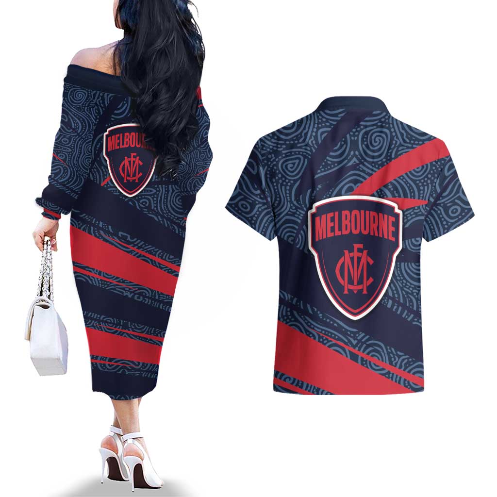 Melbourne Demons Australian Football Couples Matching Off The Shoulder Long Sleeve Dress and Hawaiian Shirt Devil Mascot With Indigenous Pattern Art