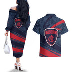 Melbourne Demons Australian Football Couples Matching Off The Shoulder Long Sleeve Dress and Hawaiian Shirt Devil Mascot With Indigenous Pattern Art