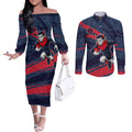 Melbourne Demons Australian Football Couples Matching Off The Shoulder Long Sleeve Dress and Long Sleeve Button Shirt Devil Mascot With Indigenous Pattern Art
