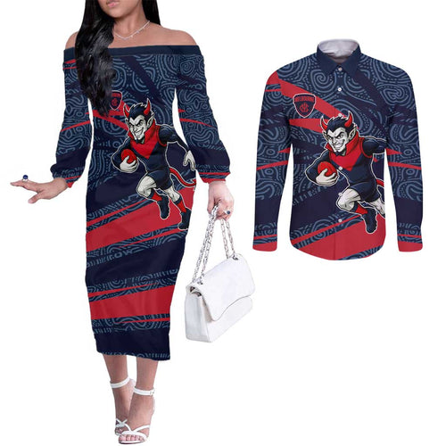 Melbourne Demons Australian Football Couples Matching Off The Shoulder Long Sleeve Dress and Long Sleeve Button Shirt Devil Mascot With Indigenous Pattern Art
