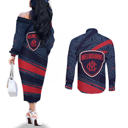Melbourne Demons Australian Football Couples Matching Off The Shoulder Long Sleeve Dress and Long Sleeve Button Shirt Devil Mascot With Indigenous Pattern Art